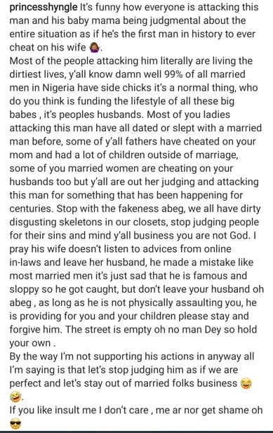 Princess Shyngle_Screenshot of post defending Yul Edochie's second wife and baby mama