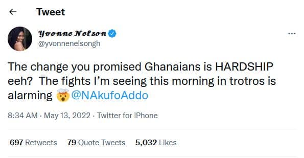 Yvonne Nelson has tweeted at President Nana Akufo-Addo, asking him if hardship was what he promised the good people of Ghana